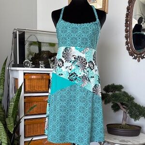 lola Teal Patchwork Mini Dress with Black & White Floral Accents